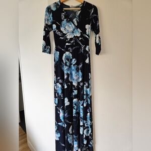 Pinkblush Blue and Black V-Neck Gown with 3/4 Sleeves